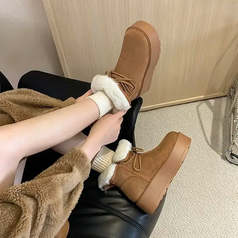 binfenxie  -  Wool Snow Boots Women Lace Up Platform Winter Boots Round Toe Thick Bottom Black Brown Ladies Warm Casual Shoes