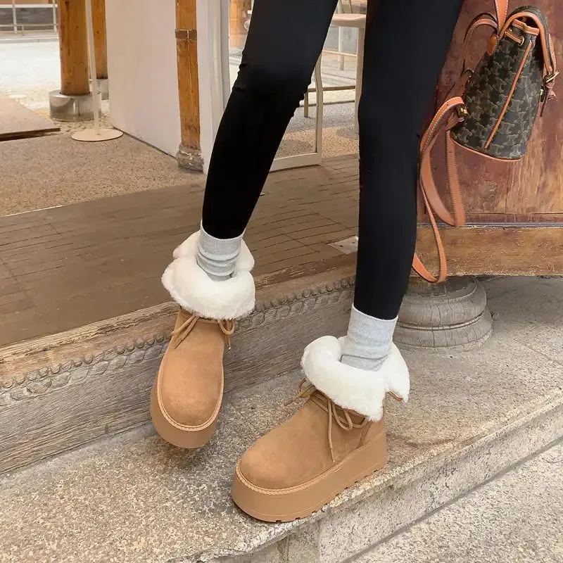 binfenxie  -  Wool Snow Boots Women Lace Up Platform Winter Boots Round Toe Thick Bottom Black Brown Ladies Warm Casual Shoes