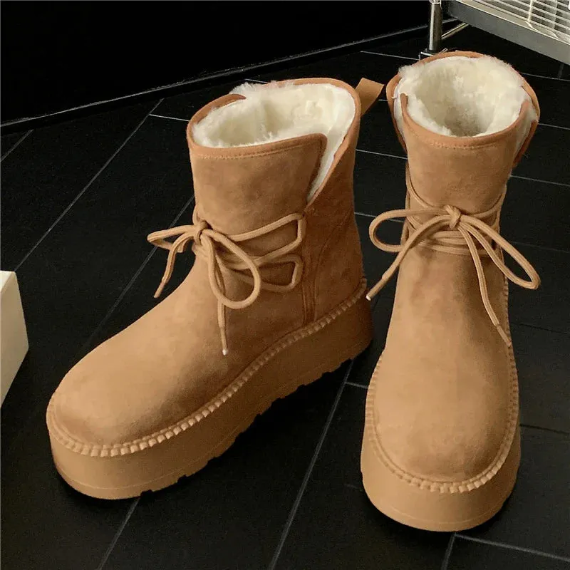 binfenxie  -  Wool Snow Boots Women Lace Up Platform Winter Boots Round Toe Thick Bottom Black Brown Ladies Warm Casual Shoes