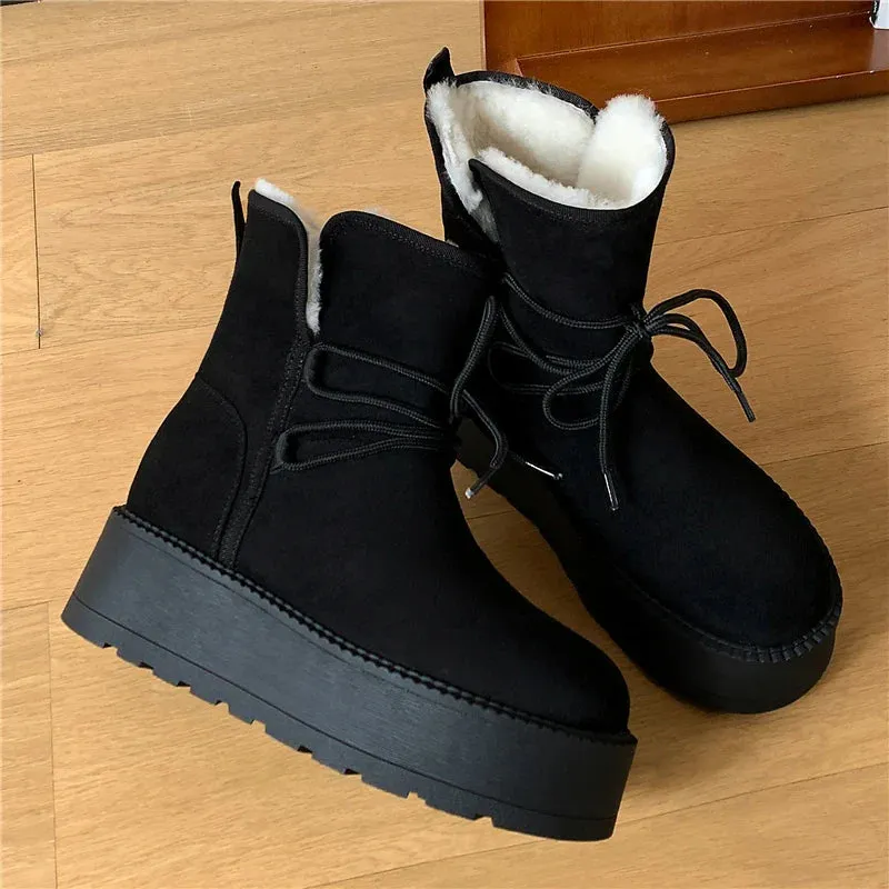 binfenxie  -  Wool Snow Boots Women Lace Up Platform Winter Boots Round Toe Thick Bottom Black Brown Ladies Warm Casual Shoes