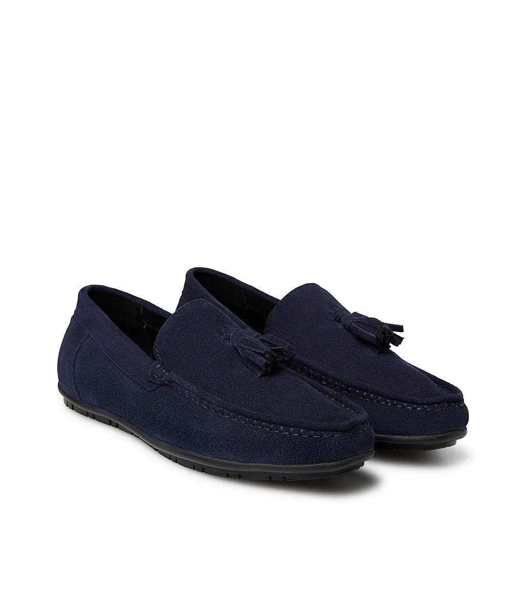 Blue suede loafer with tassels