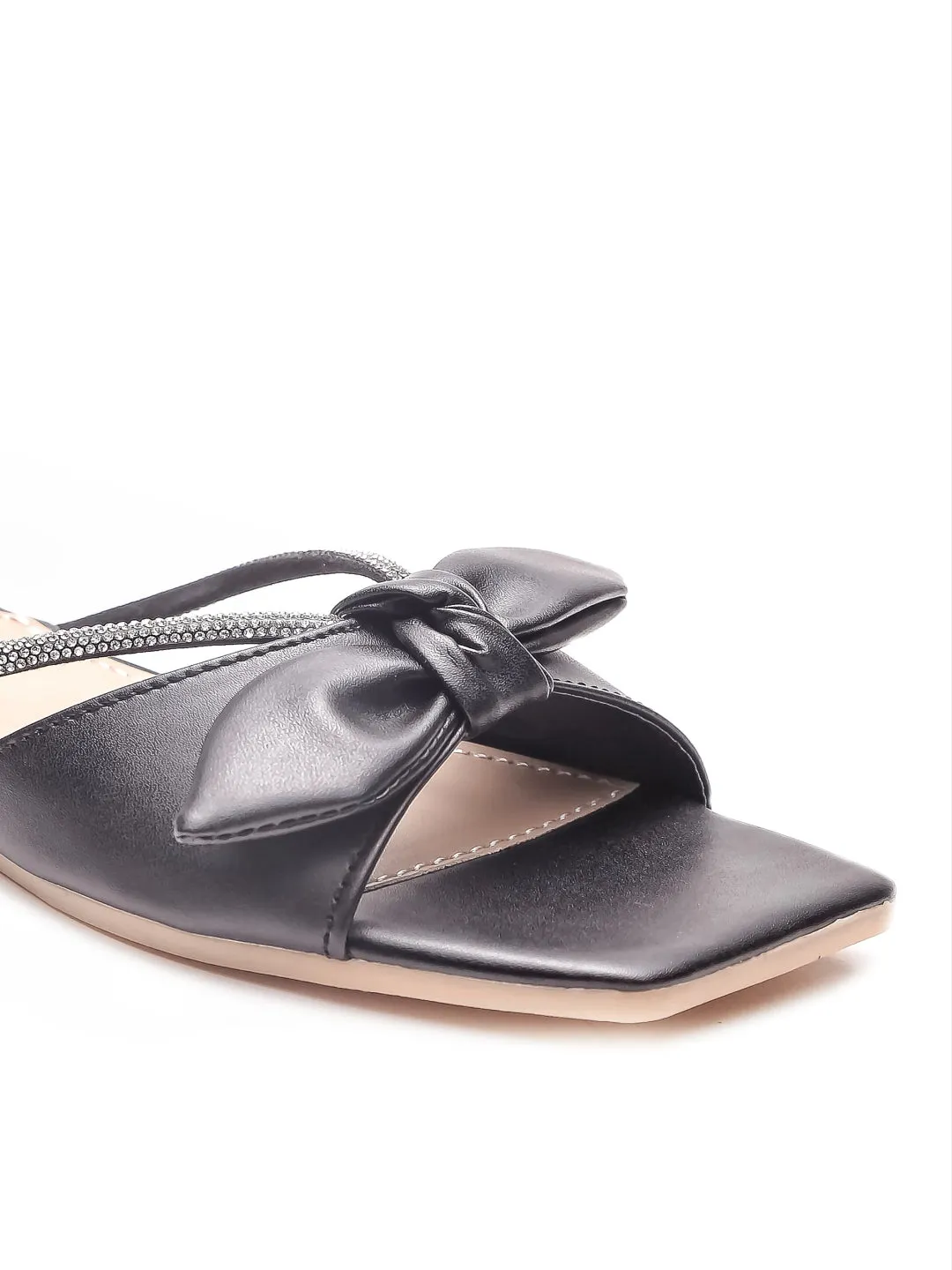 Brauch Women Black Rhinestone Embellished Bow Flats