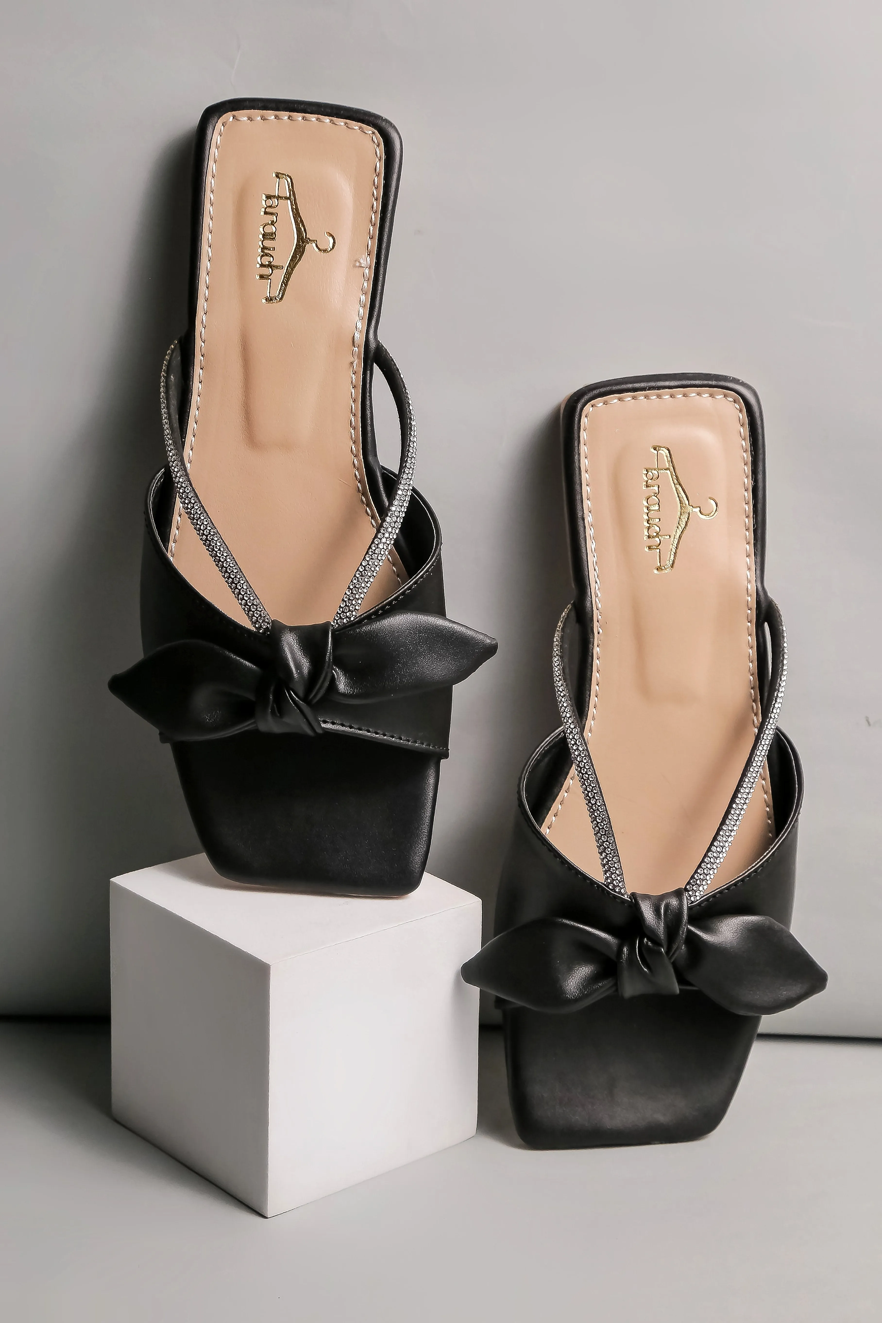 Brauch Women Black Rhinestone Embellished Bow Flats