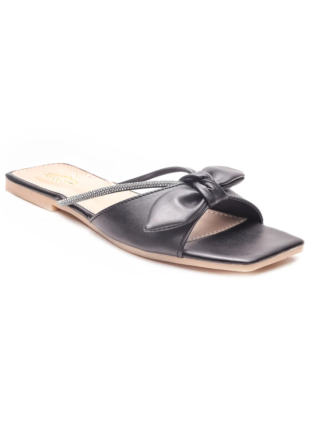 Brauch Women Black Rhinestone Embellished Bow Flats