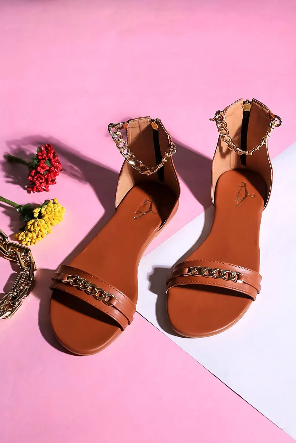 Brauch Women Tan High Strap Embellished Buckle Flats