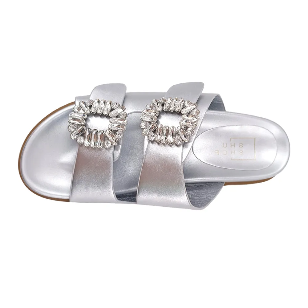 Bridget Metallic Rhinestone Slide Sandals