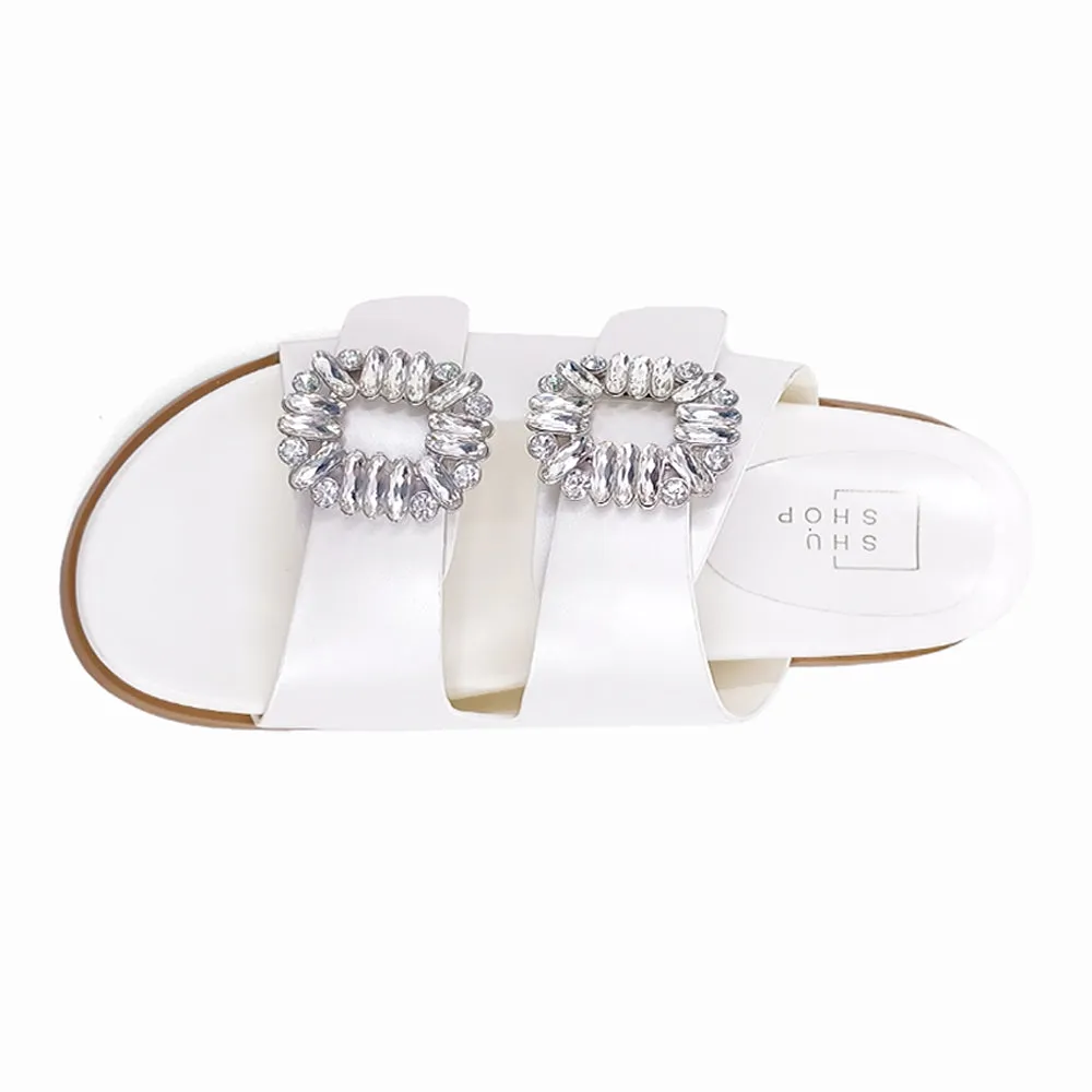 Bridget Rhinestone Metallic Slide Sandals