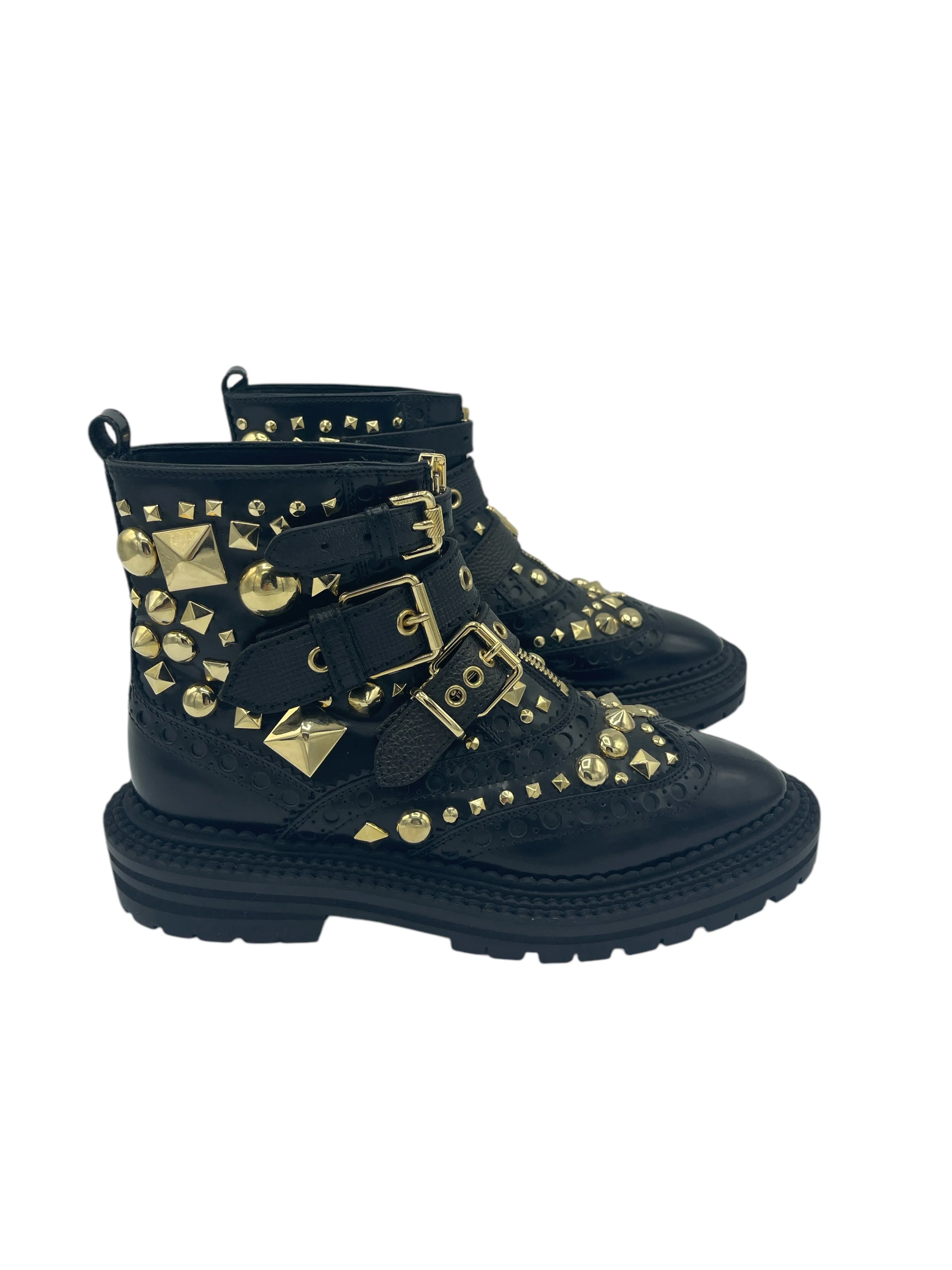 Burberry Black Leather Brogue & Studded Zip Up Boots 35.5