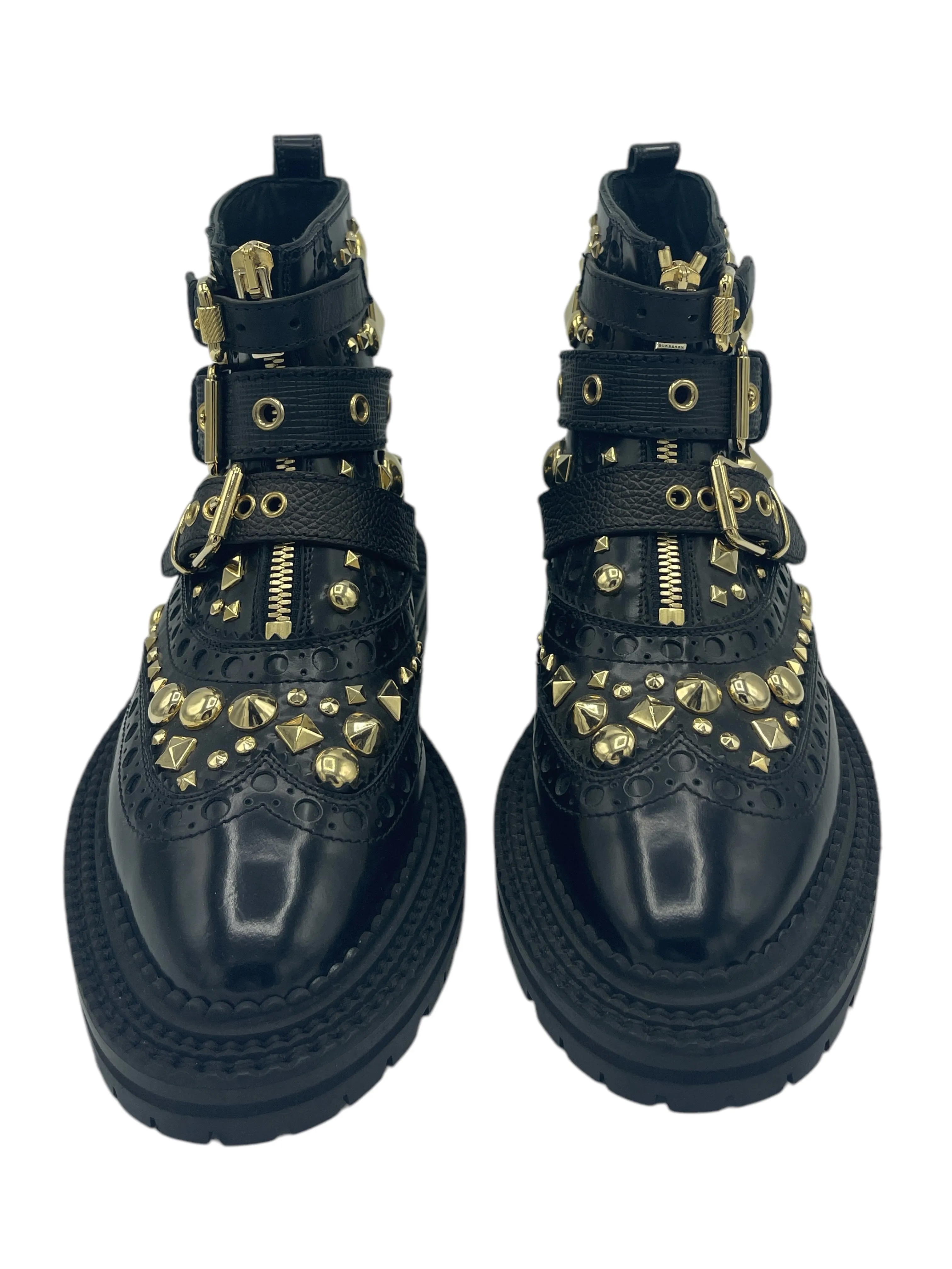 Burberry Black Leather Brogue & Studded Zip Up Boots 35.5