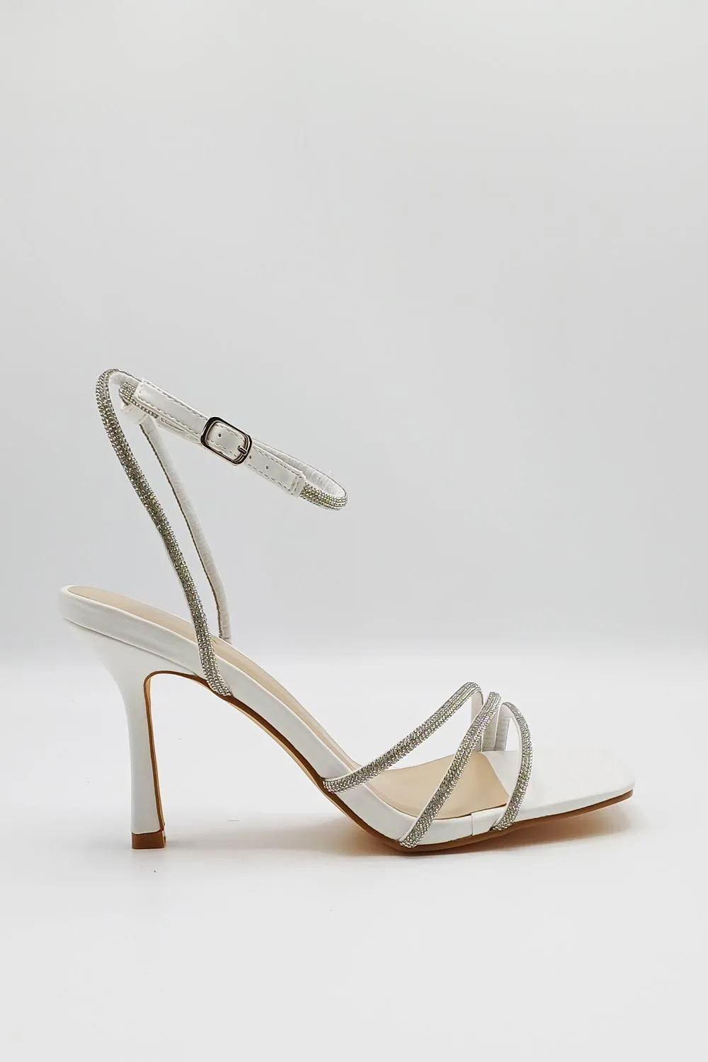 Camina Diamante Embellished 3 Strap Heeled Sandals in White