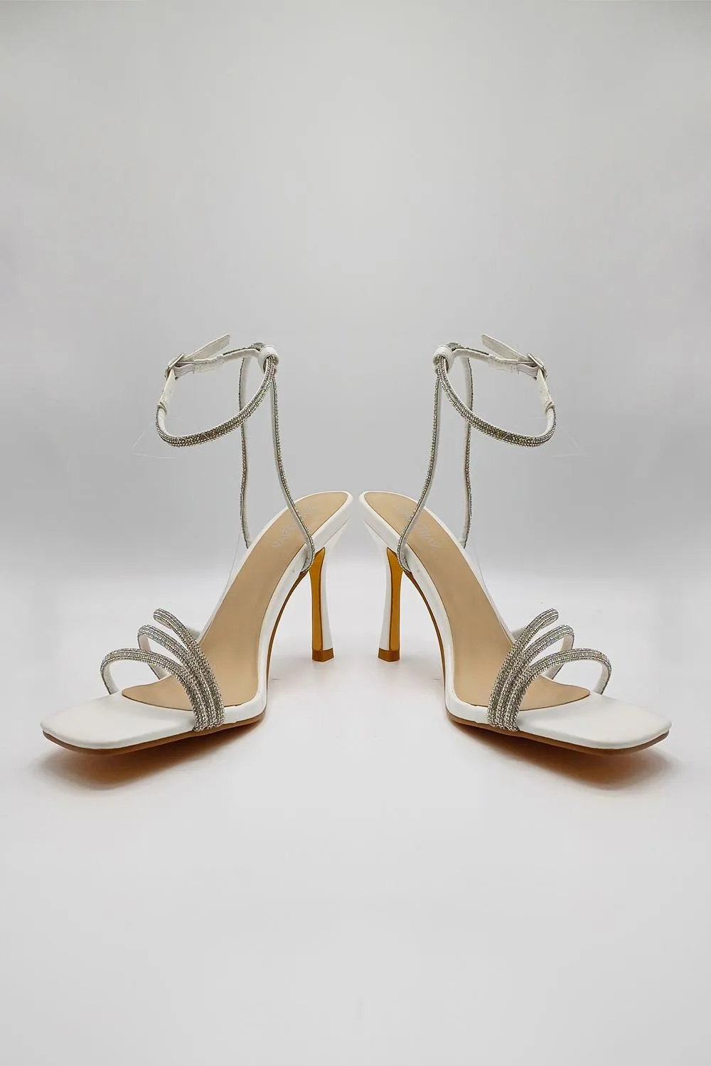 Camina Diamante Embellished 3 Strap Heeled Sandals in White