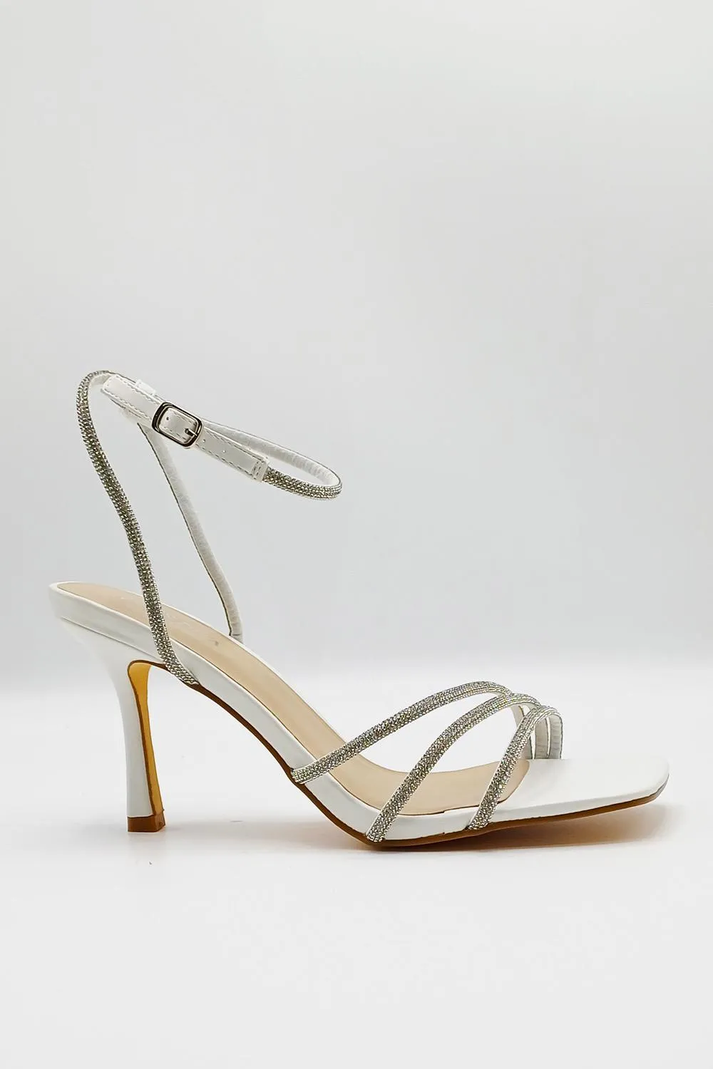 Camina Diamante Embellished 3 Strap Heeled Sandals in White