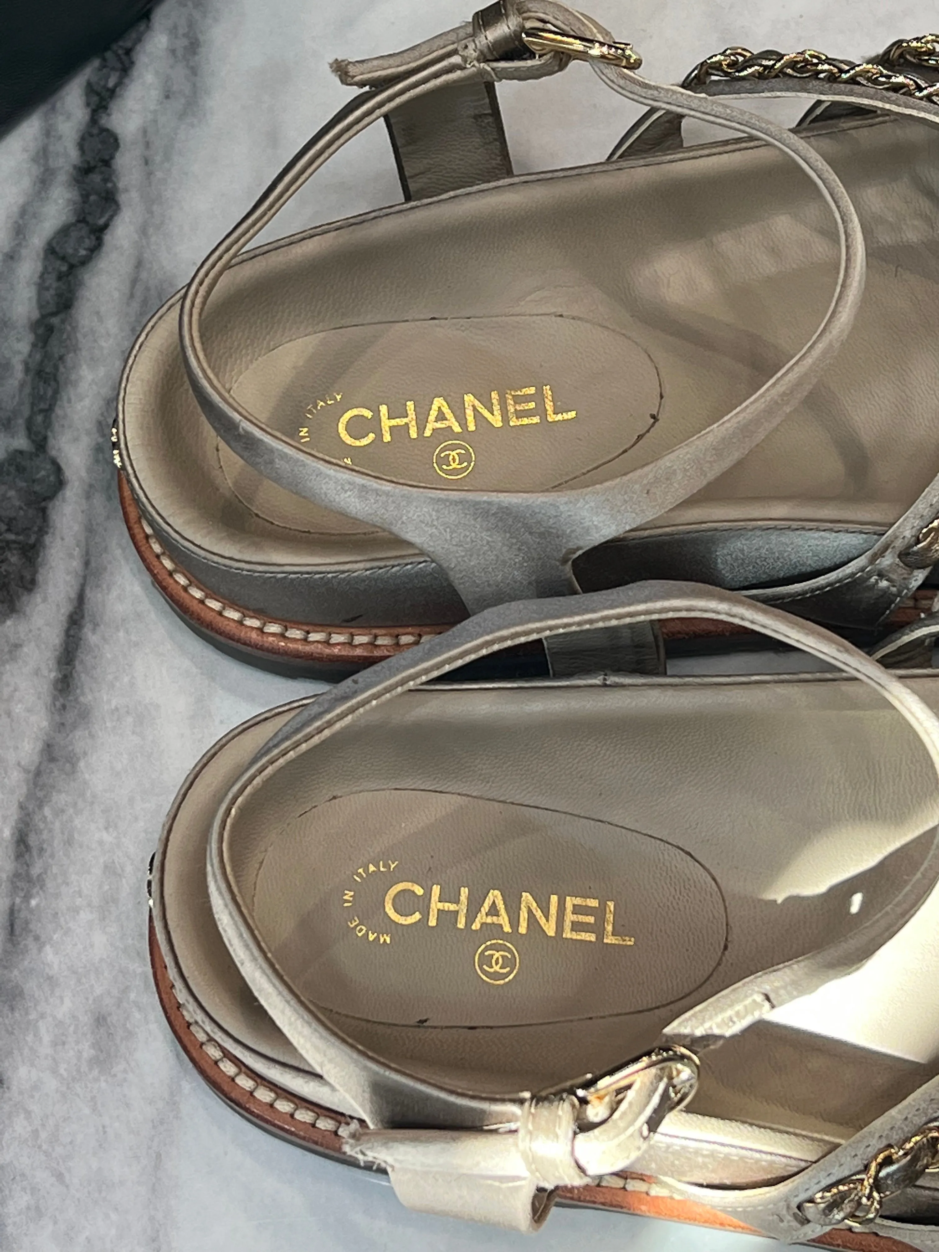 CHANEL CHAMPAGNE GOLD SATIN CHAIN SANDALS