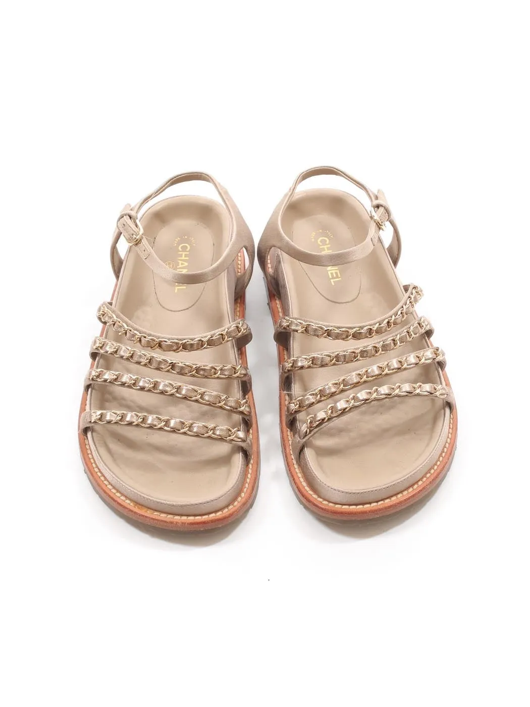 CHANEL CHAMPAGNE GOLD SATIN CHAIN SANDALS