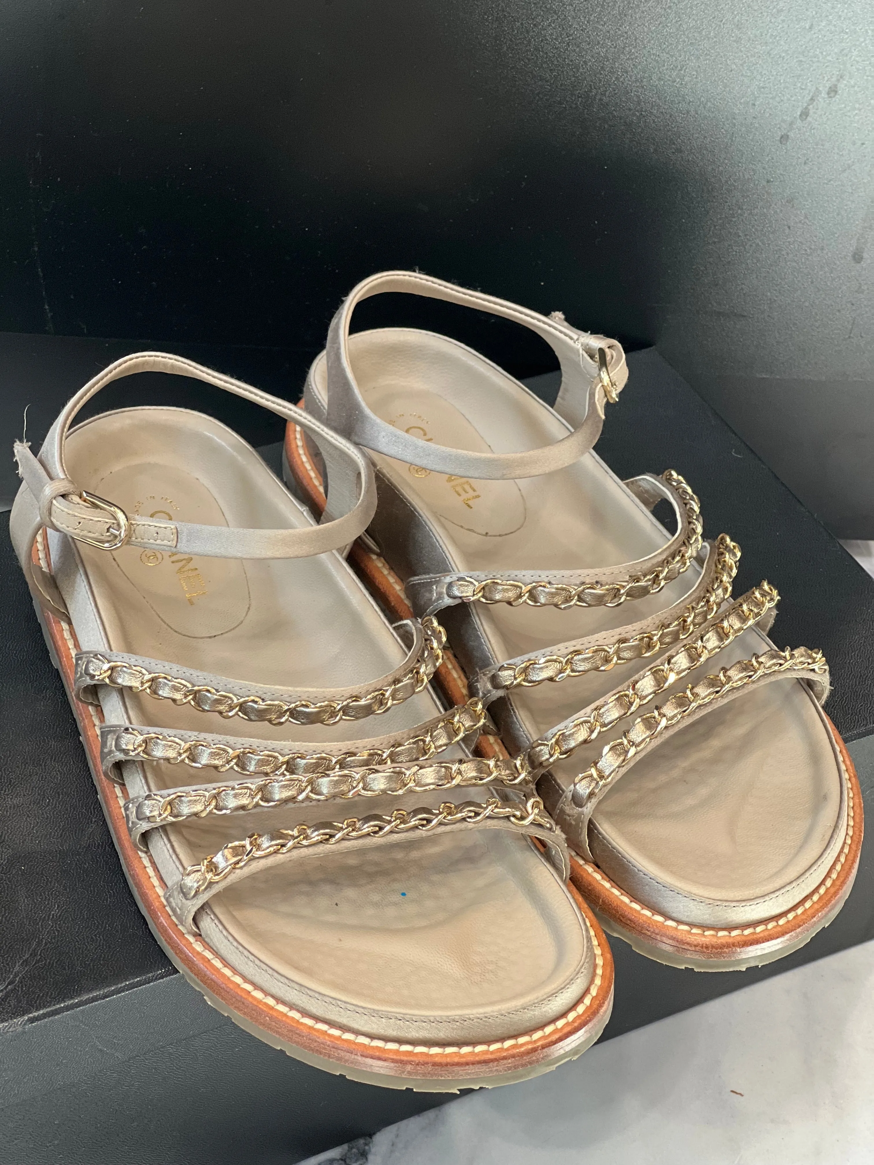 CHANEL CHAMPAGNE GOLD SATIN CHAIN SANDALS