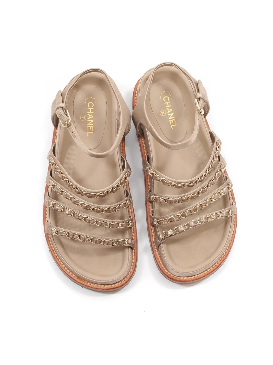 CHANEL CHAMPAGNE GOLD SATIN CHAIN SANDALS