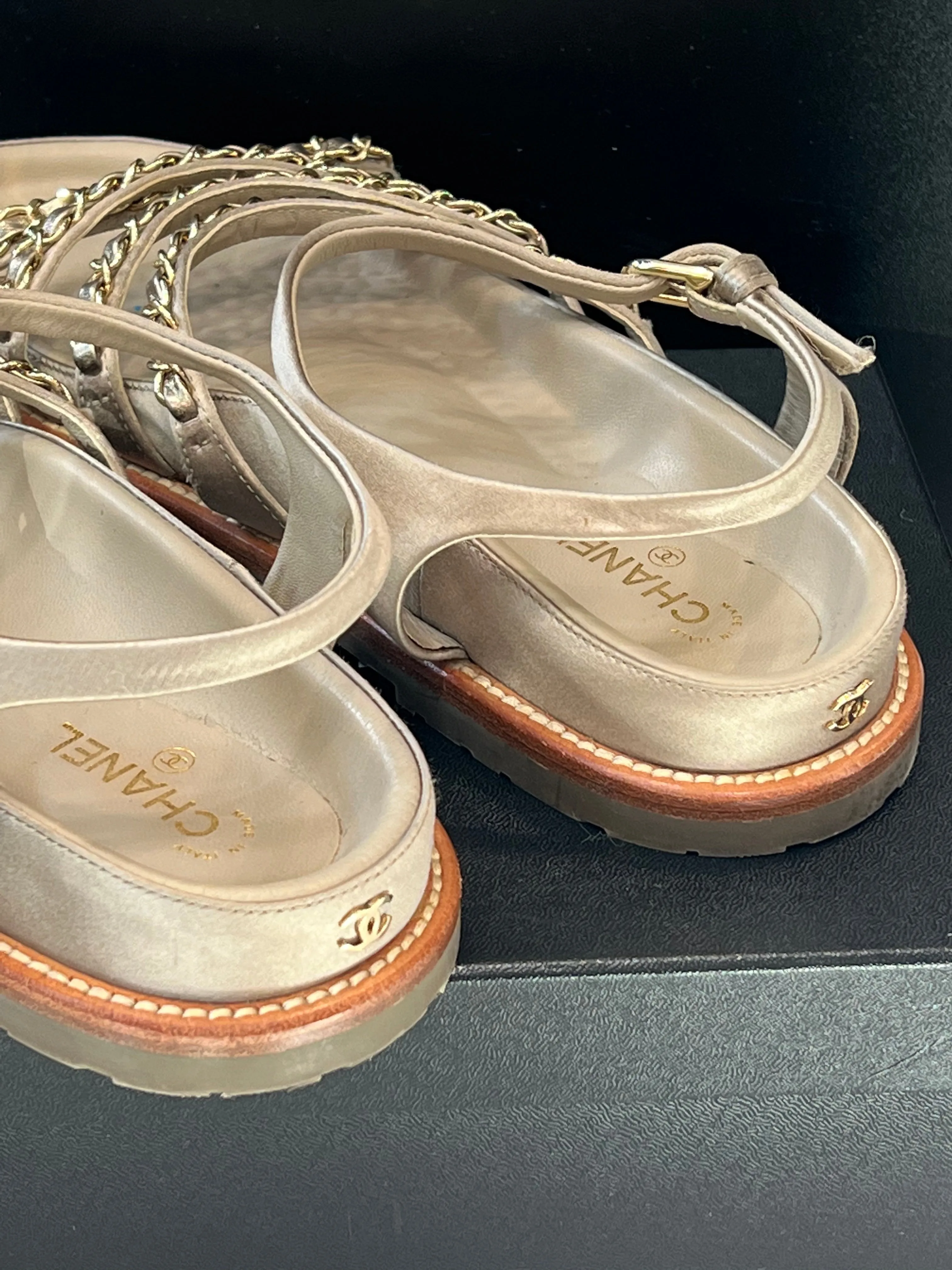 CHANEL CHAMPAGNE GOLD SATIN CHAIN SANDALS