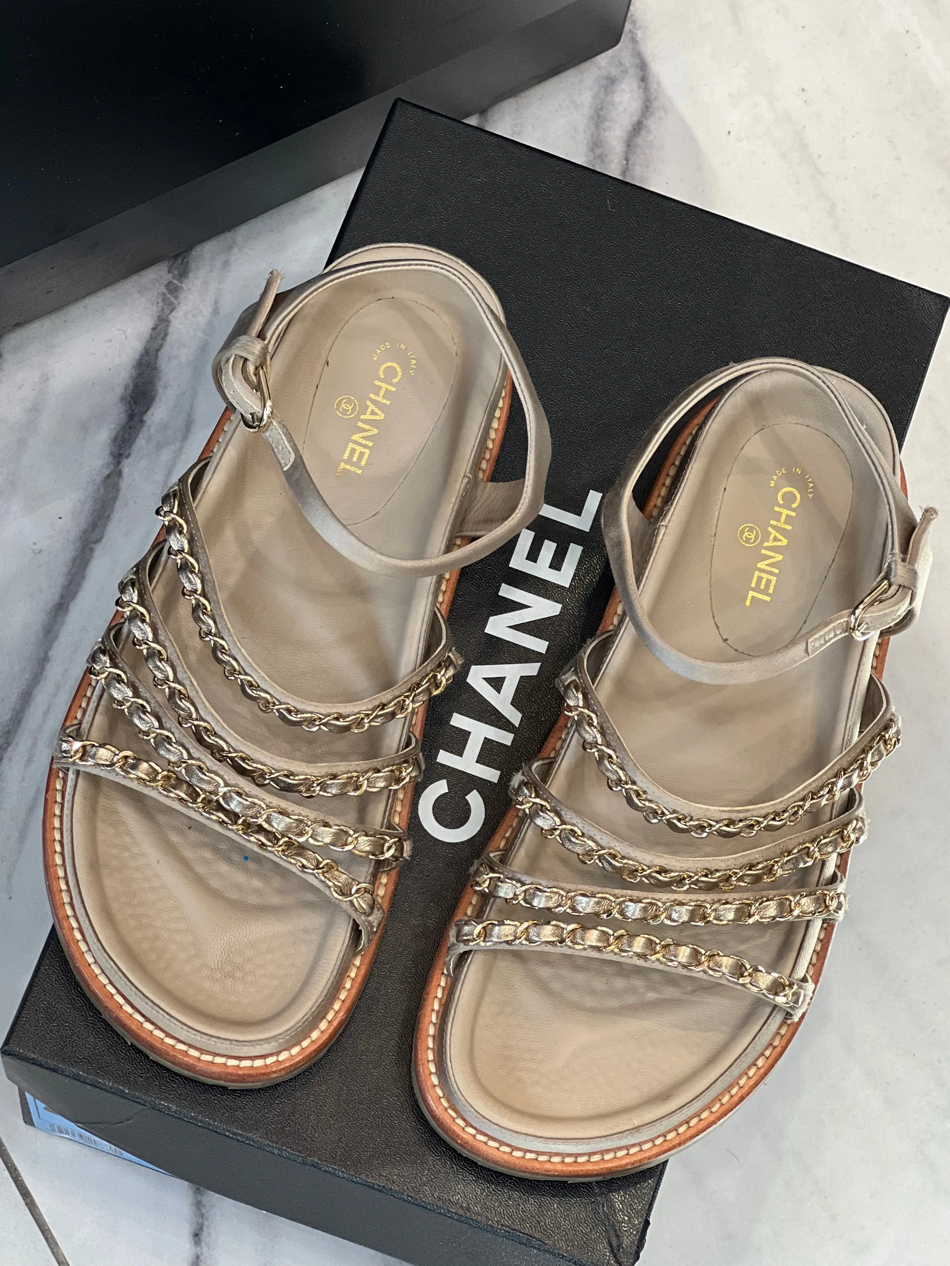 CHANEL CHAMPAGNE GOLD SATIN CHAIN SANDALS
