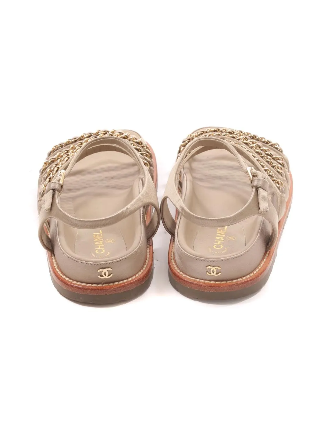 CHANEL CHAMPAGNE GOLD SATIN CHAIN SANDALS
