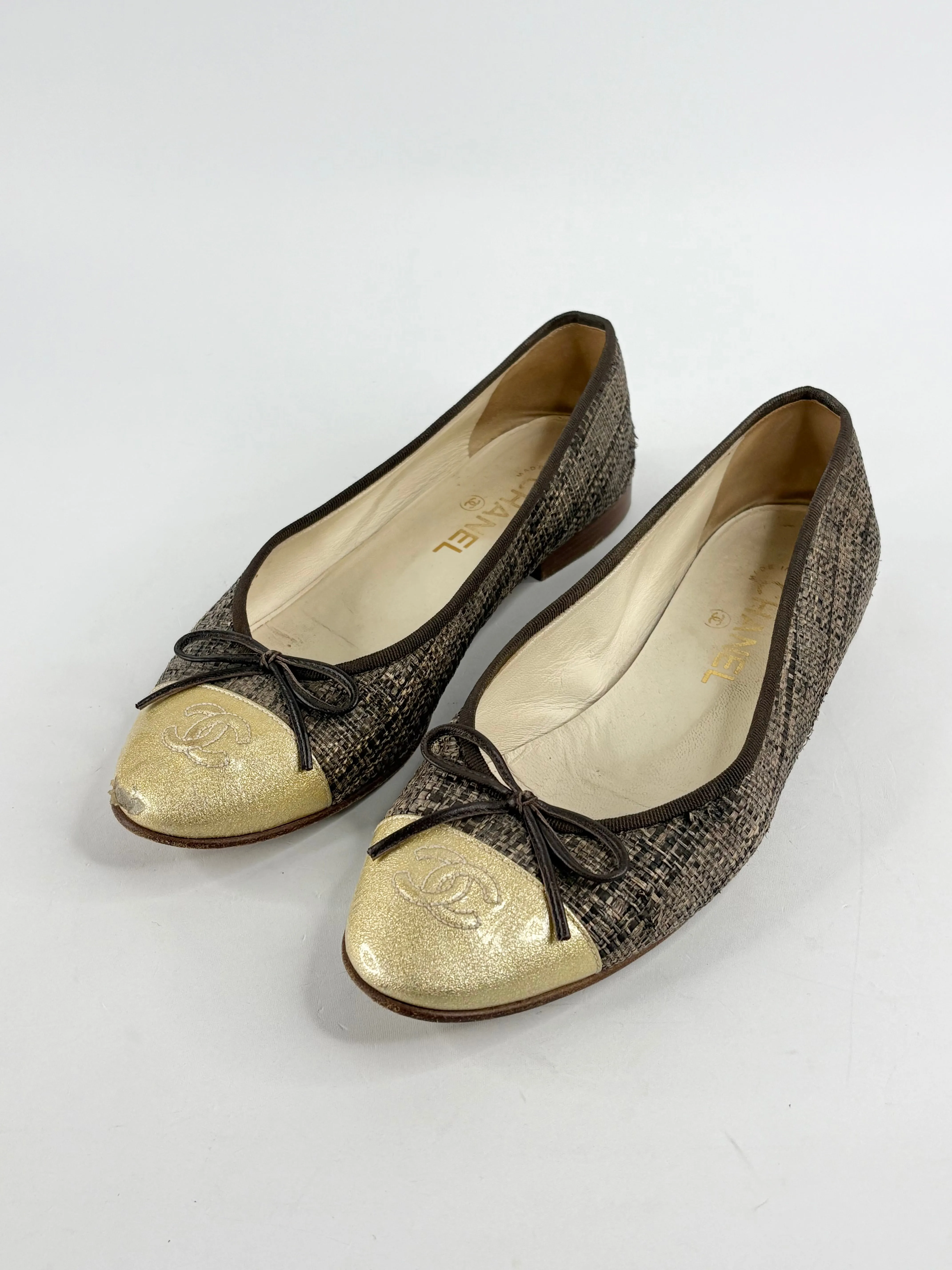 Chanel Gold Toe Leather & Hessian Ballet Flats - EU39