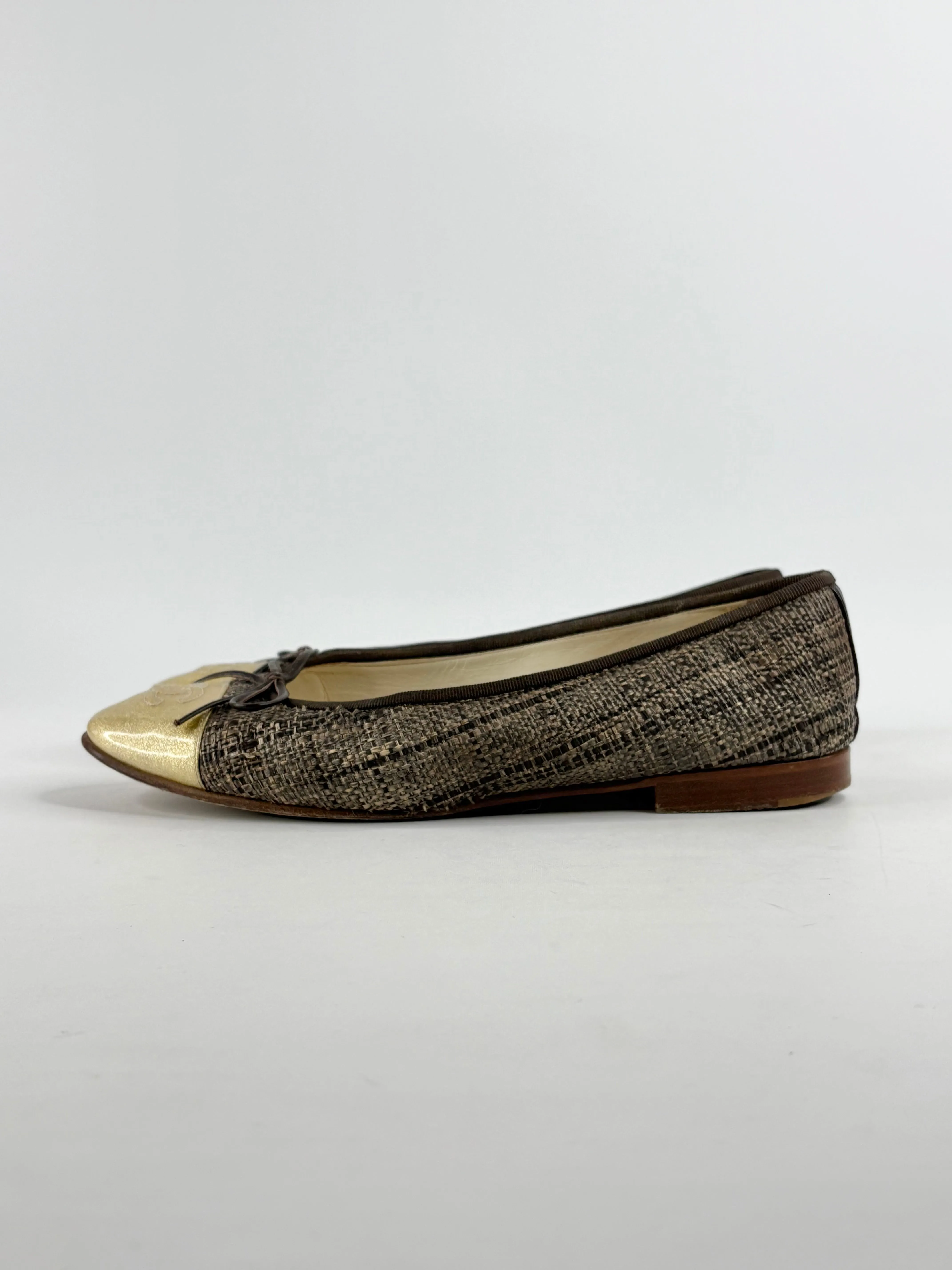 Chanel Gold Toe Leather & Hessian Ballet Flats - EU39
