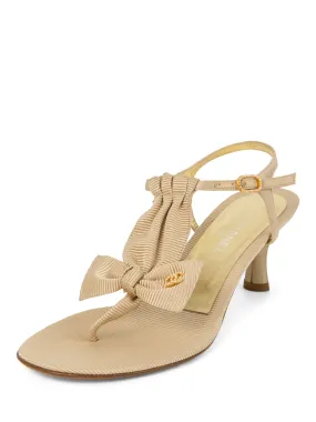 CHANEL Pearl CC Logo Bow Kitten Heel Sandals Beige Gold