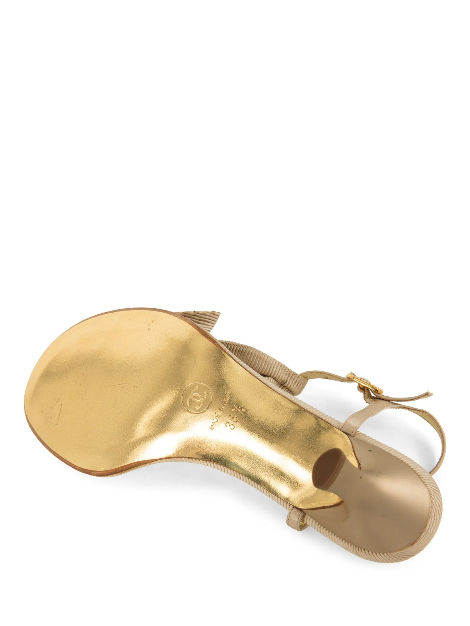 CHANEL Pearl CC Logo Bow Kitten Heel Sandals Beige Gold