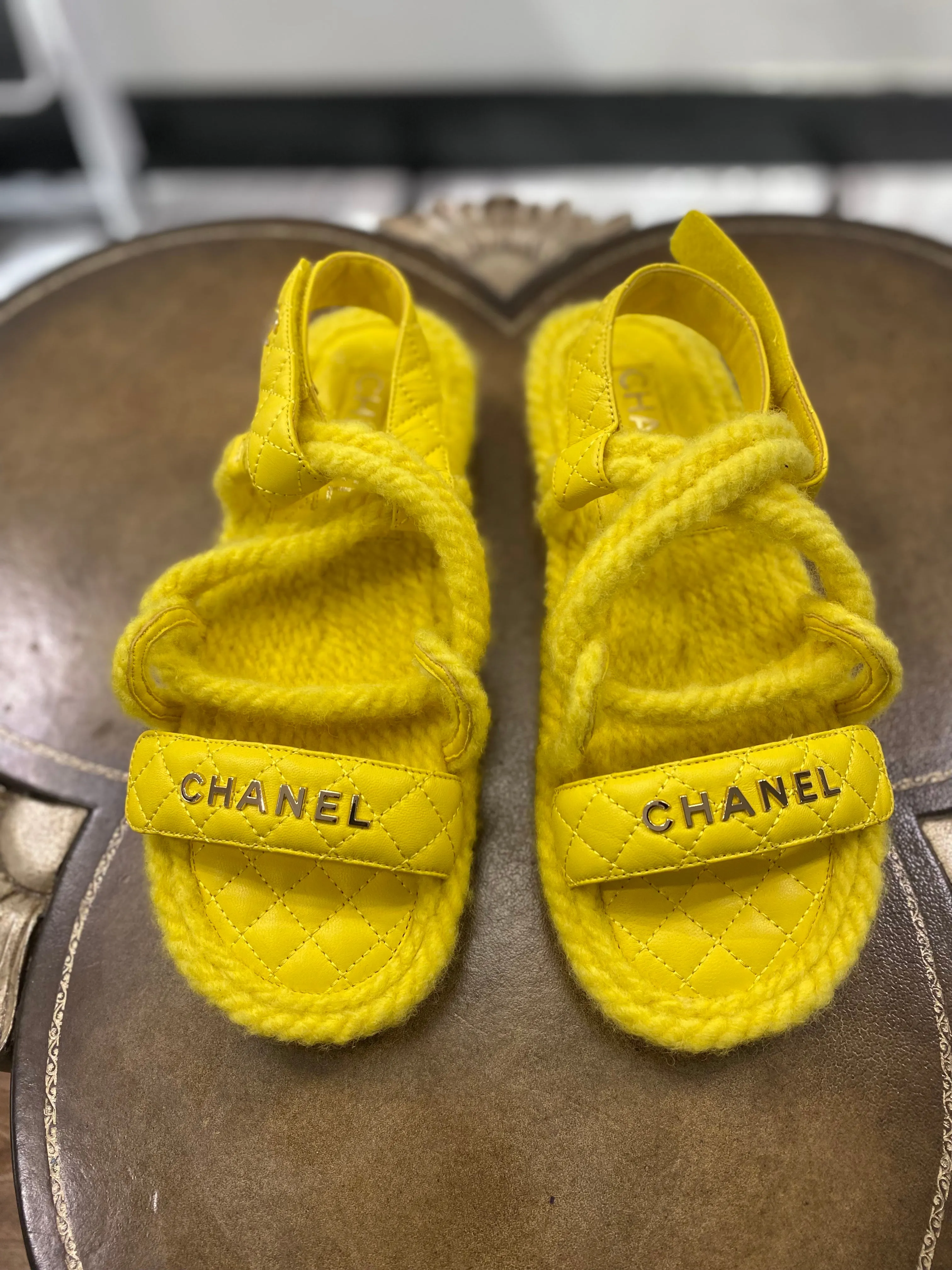 CHANEL QUILTED LOGO CORD & LAMBSKIN SANDALS