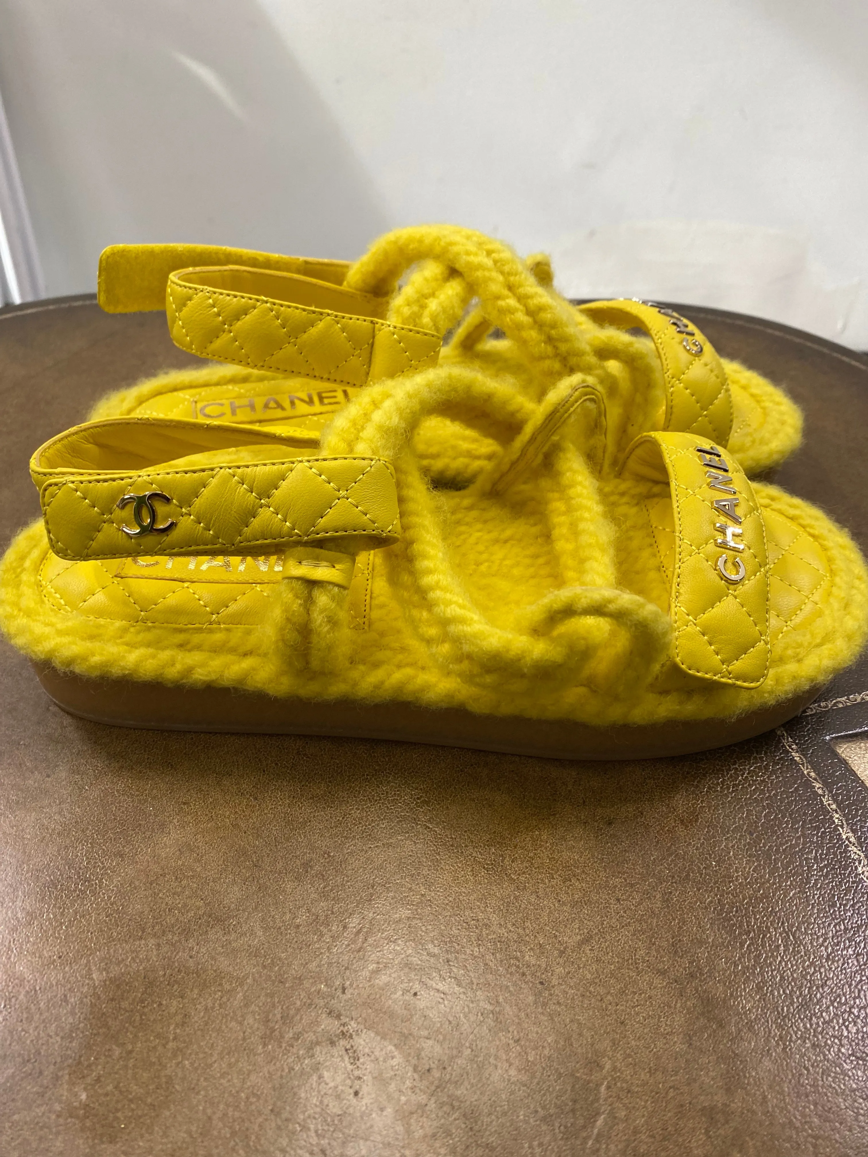 CHANEL QUILTED LOGO CORD & LAMBSKIN SANDALS