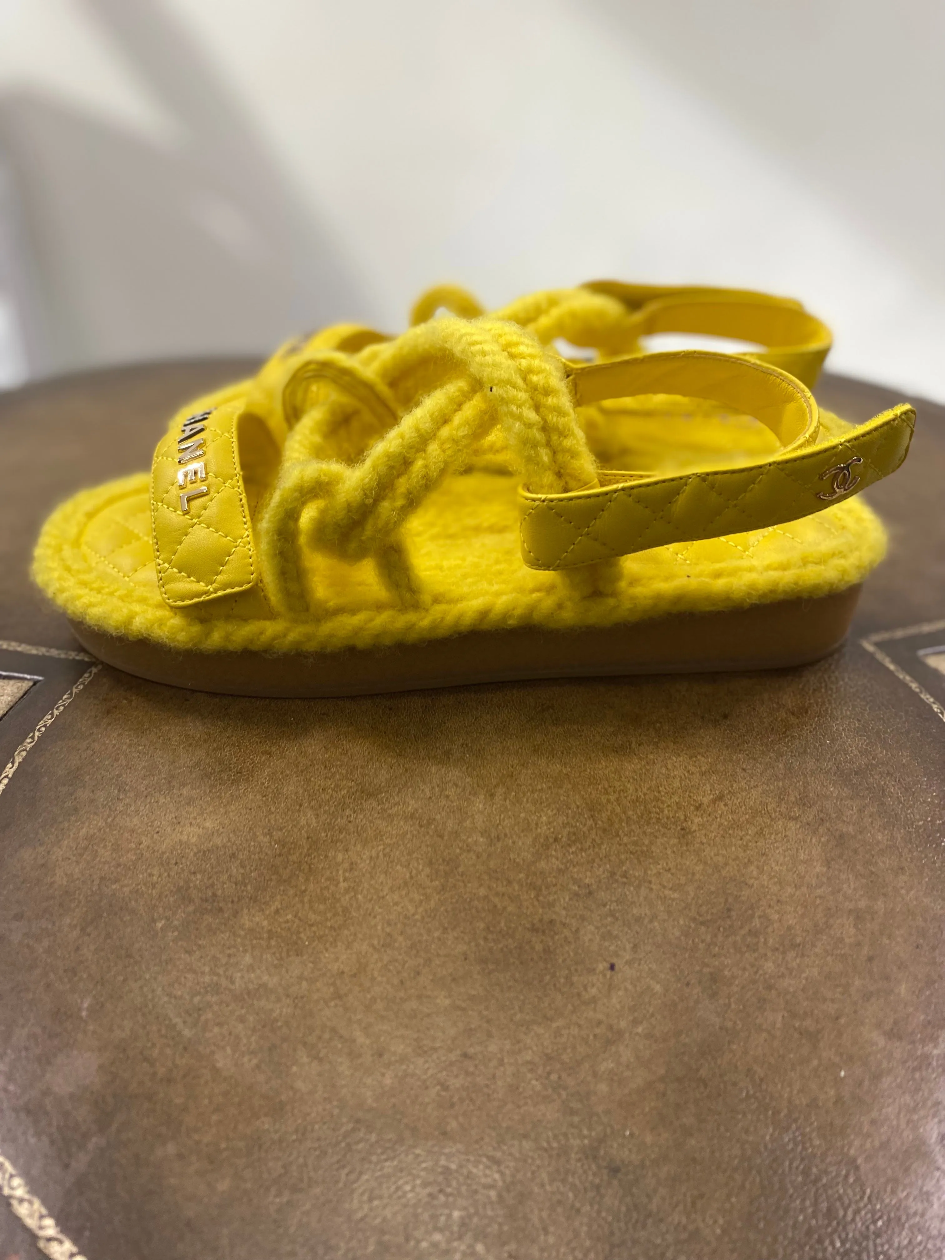 CHANEL QUILTED LOGO CORD & LAMBSKIN SANDALS