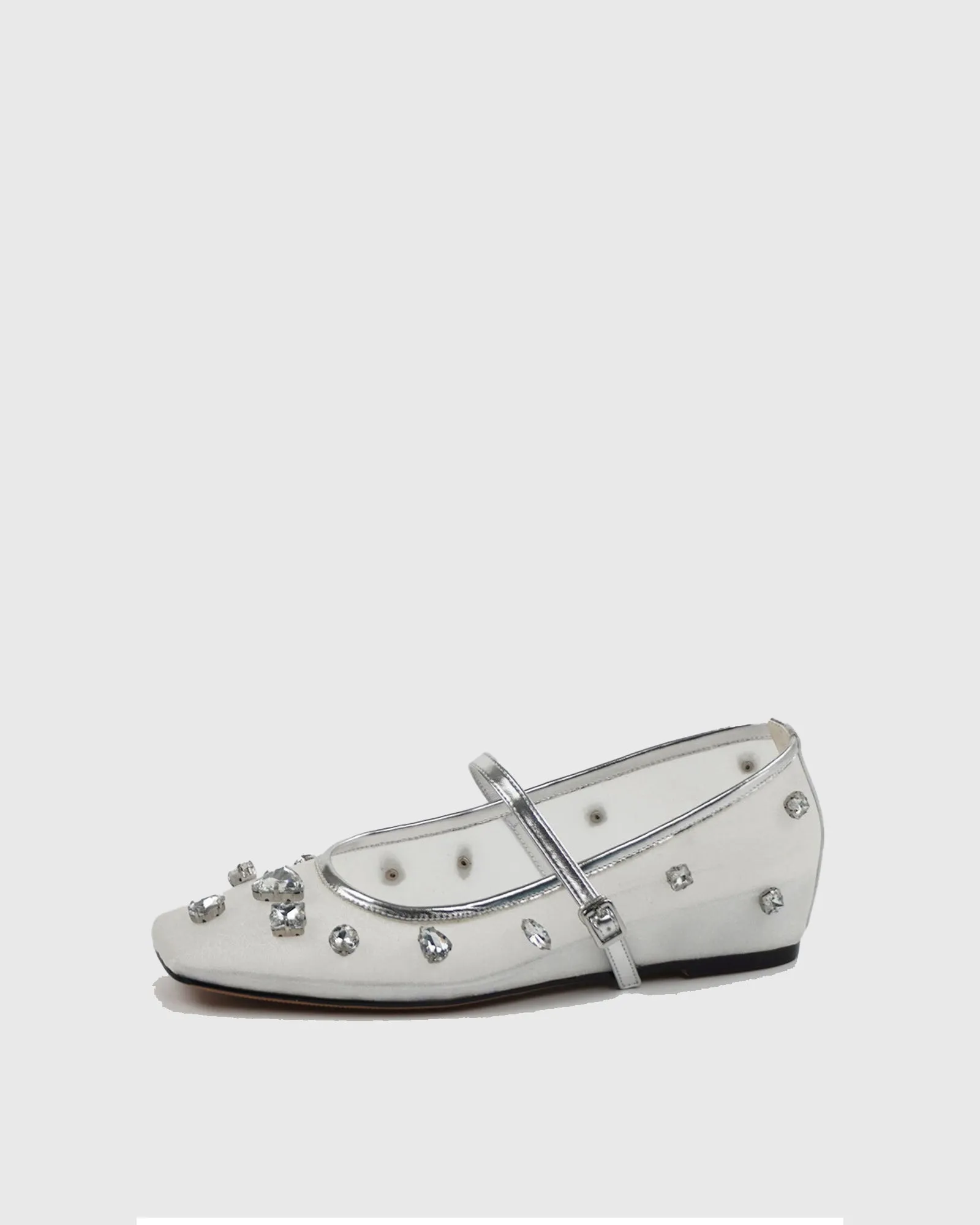 Clotilde Rhinestone Embellished Mesh Ballet Flats In White