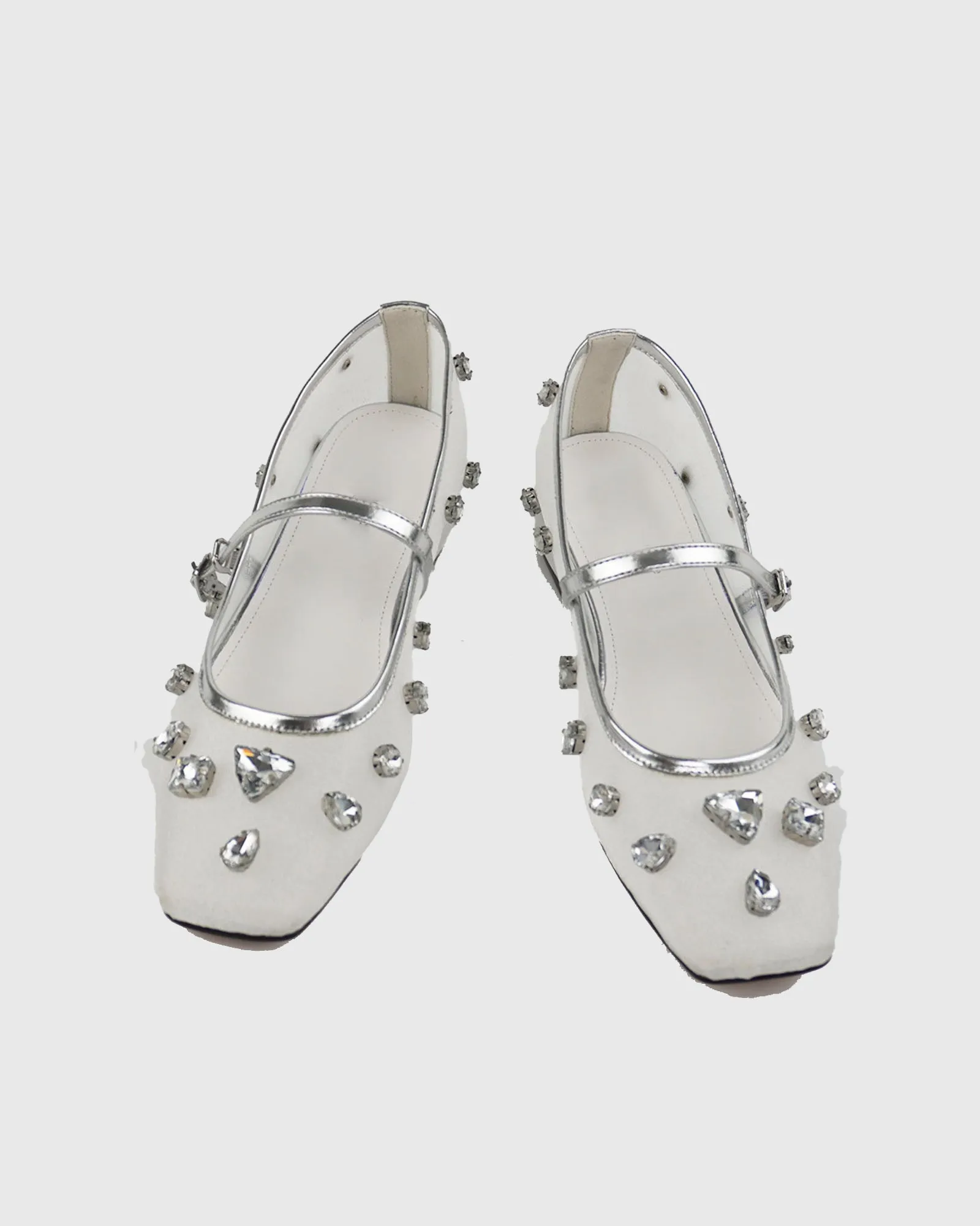 Clotilde Rhinestone Embellished Mesh Ballet Flats In White