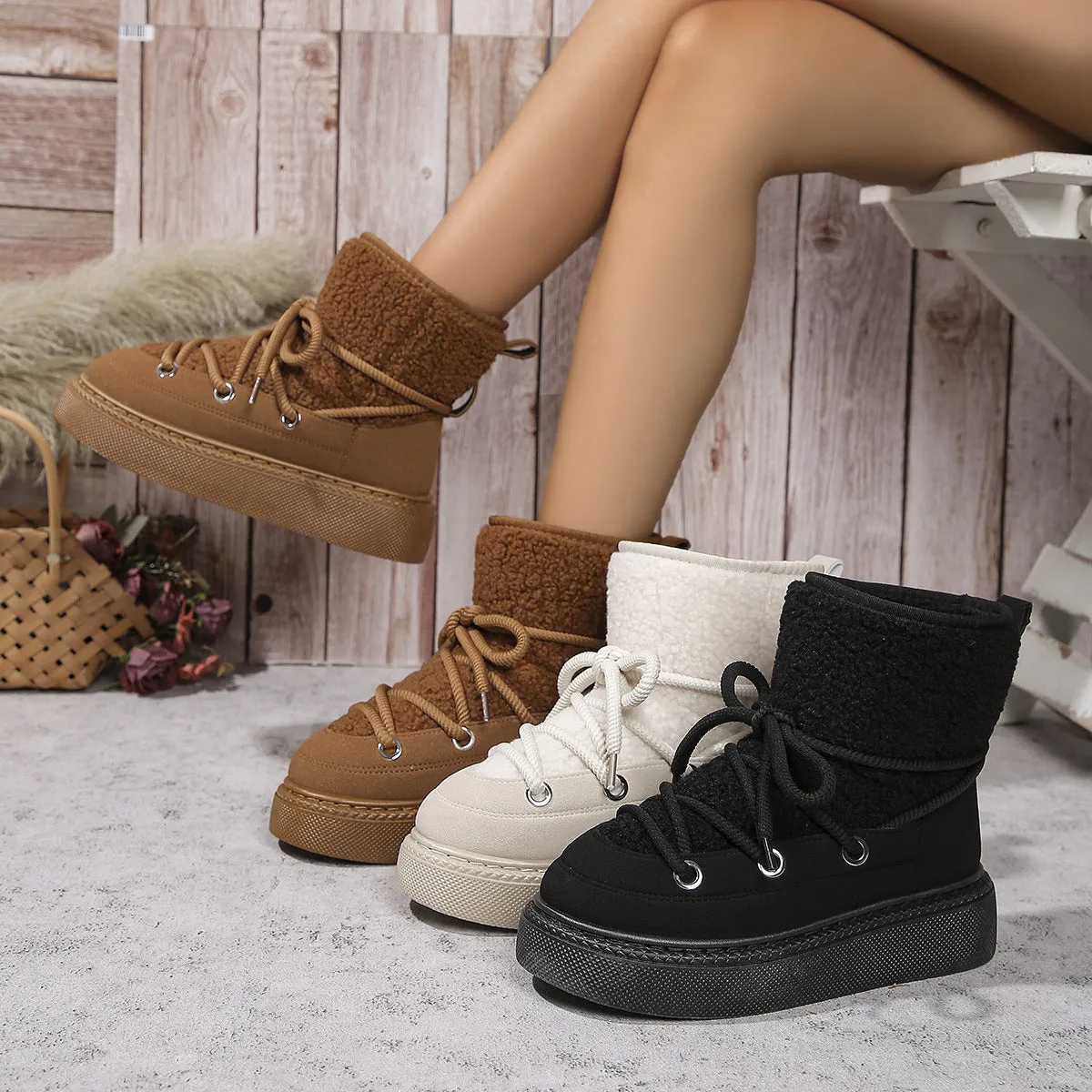 Fashion Lace-up Snow Boots Winter Flat Thick-soled Height-enhancing Cotton
