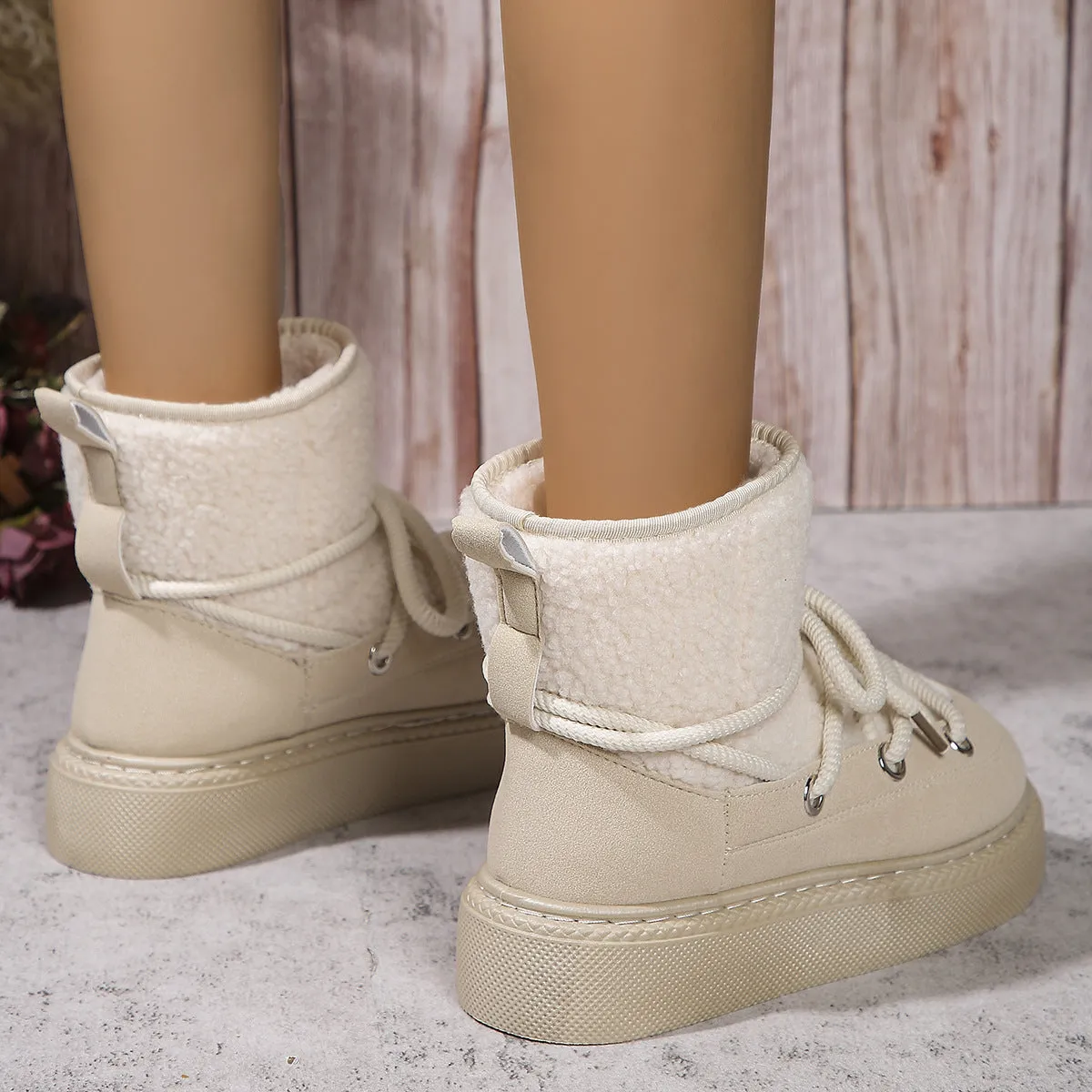 Fashion Lace-up Snow Boots Winter Flat Thick-soled Height-enhancing Cotton