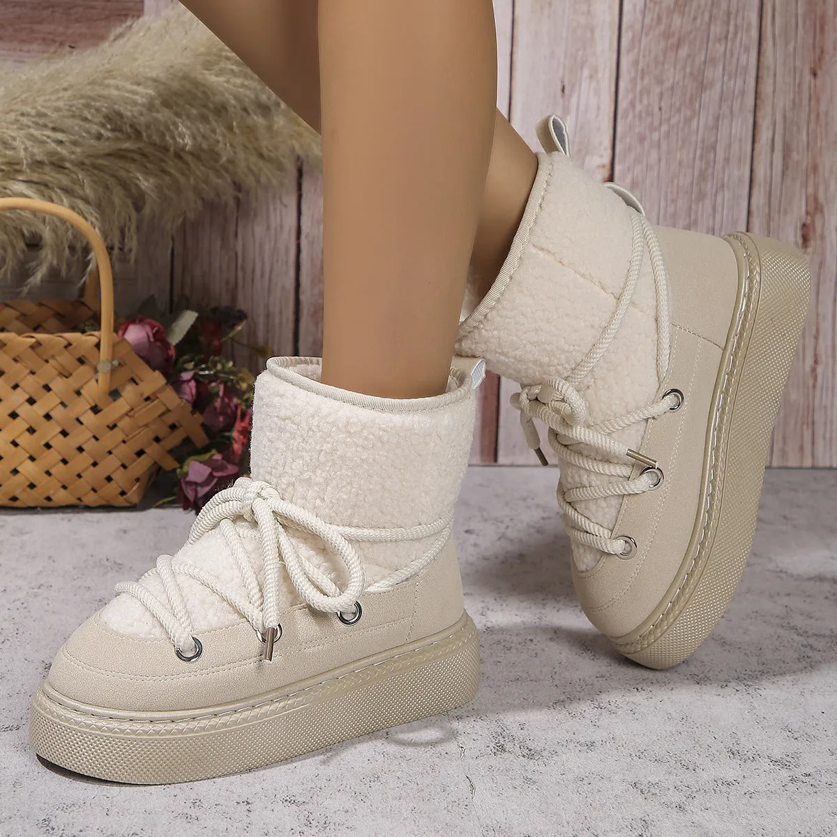Fashion Lace-up Snow Boots Winter Flat Thick-soled Height-enhancing Cotton