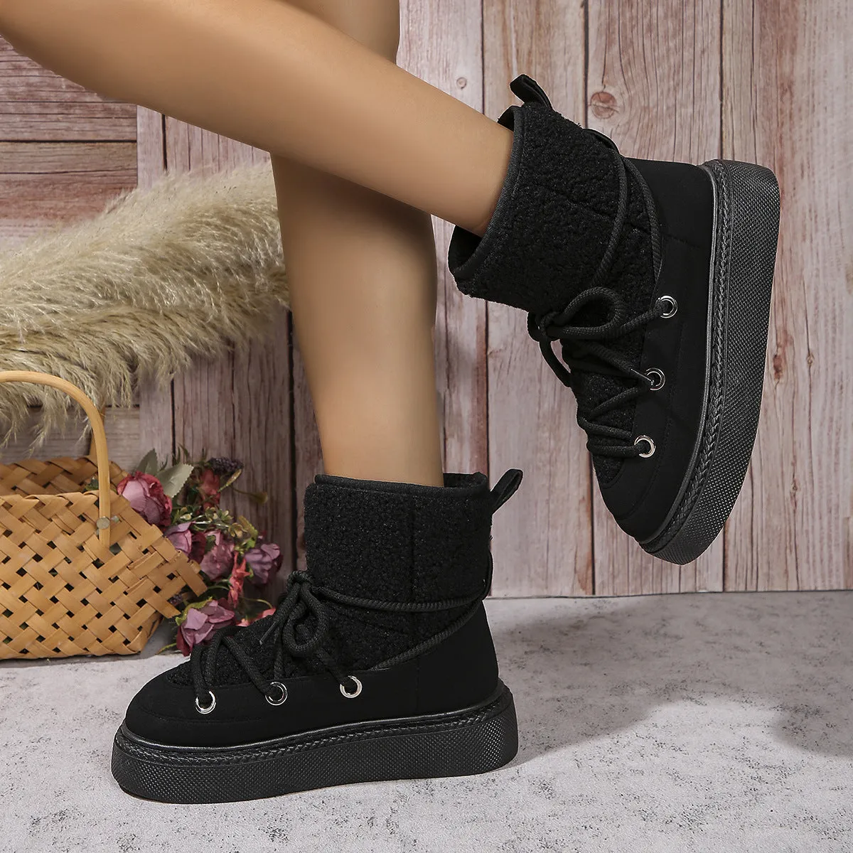 Fashion Lace-up Snow Boots Winter Flat Thick-soled Height-enhancing Cotton