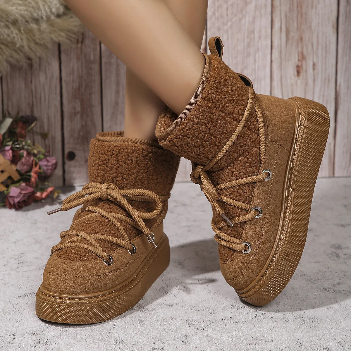 Fashion Lace-up Snow Boots Winter Flat Thick-soled Height-enhancing Cotton