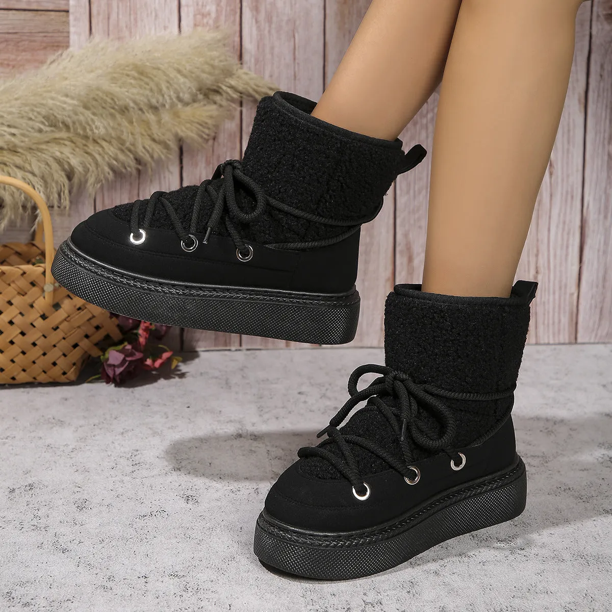 Fashion Lace-up Snow Boots Winter Flat Thick-soled Height-enhancing Cotton
