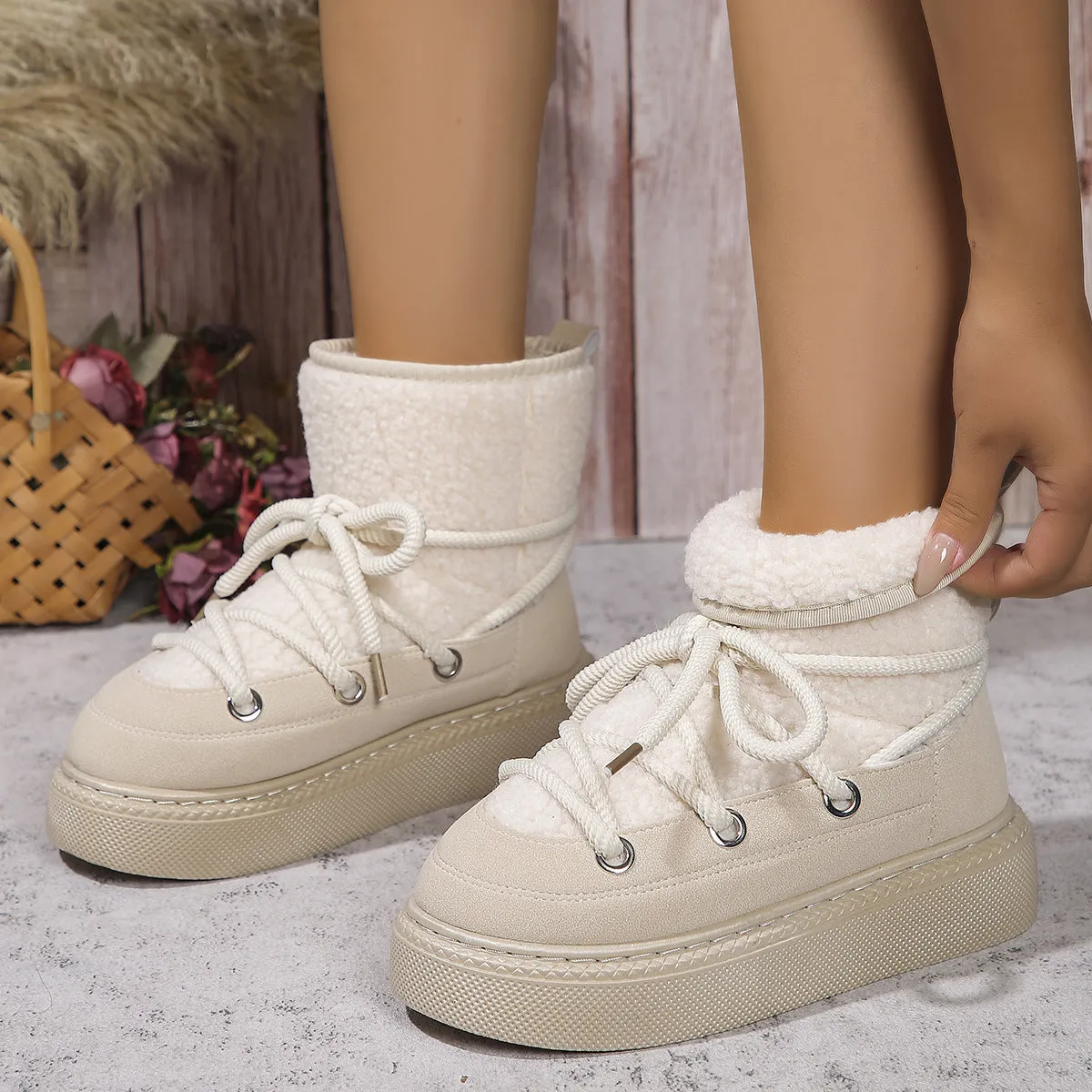 Fashion Lace-up Snow Boots Winter Flat Thick-soled Height-enhancing Cotton