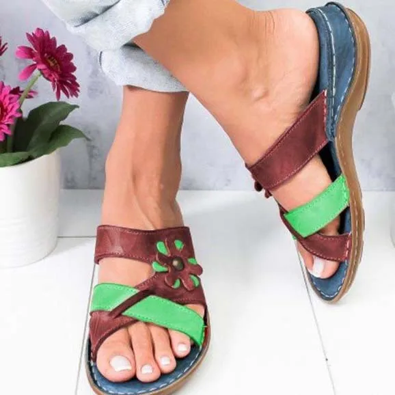 Flat Open Toe Leatherr Flower Sandals