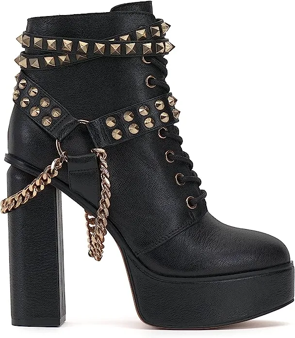 Jessica Simpson Lannoli Black Leather Studded Chain Lace Up Block High Heel Boot