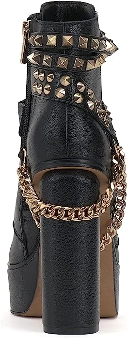 Jessica Simpson Lannoli Black Leather Studded Chain Lace Up Block High Heel Boot