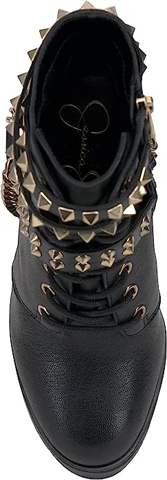 Jessica Simpson Lannoli Black Leather Studded Chain Lace Up Block High Heel Boot