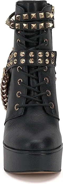 Jessica Simpson Lannoli Black Leather Studded Chain Lace Up Block High Heel Boot