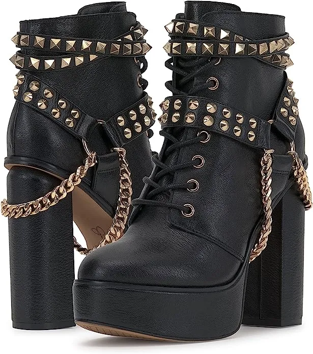 Jessica Simpson Lannoli Black Leather Studded Chain Lace Up Block High Heel Boot