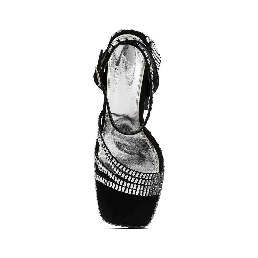 Lustrous Mirror Embellished Flare Block Heel Sandals