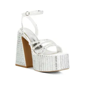 Lustrous Mirror Embellished Flare Block Heel Sandals