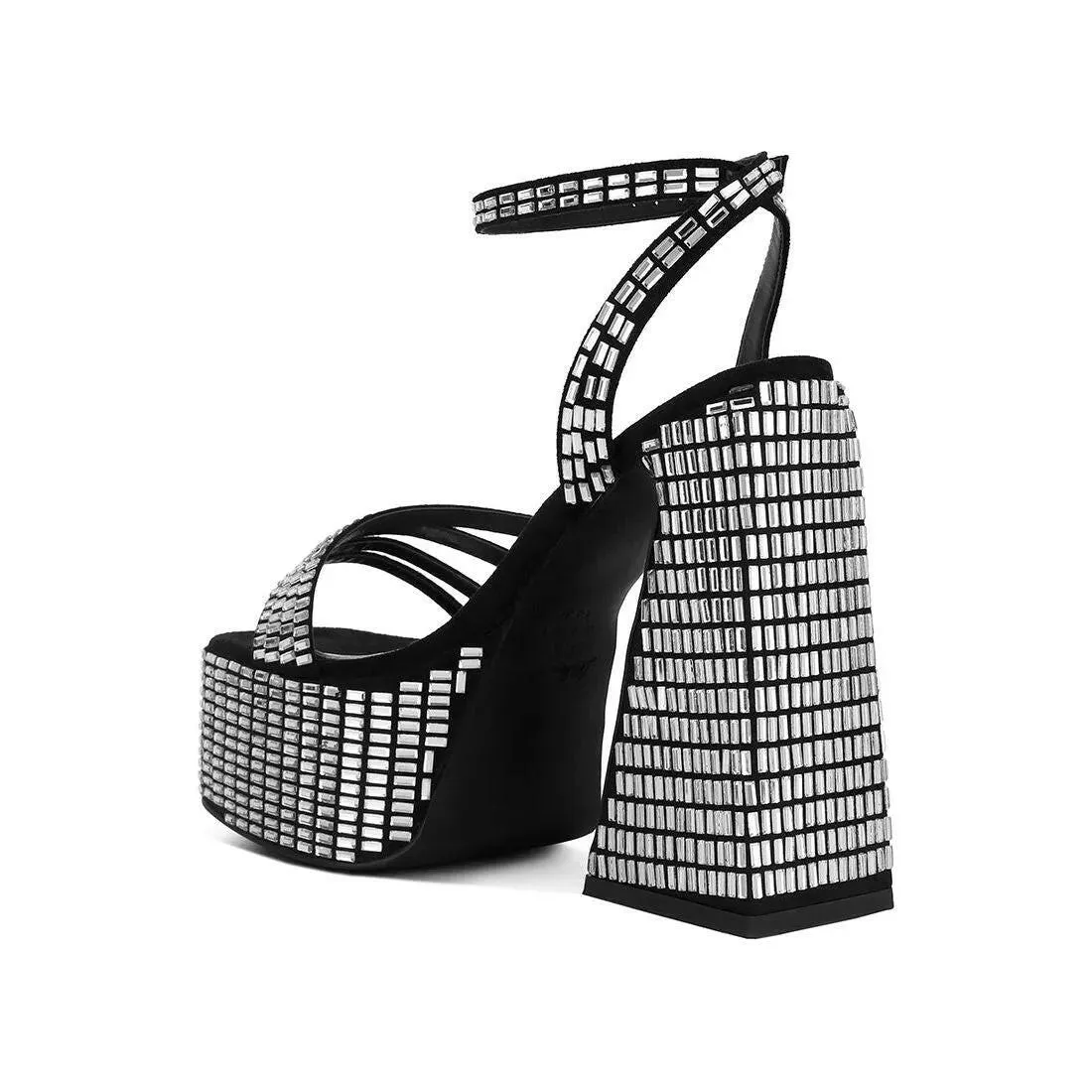 Lustrous Mirror Embellished Flare Block Heel Sandals