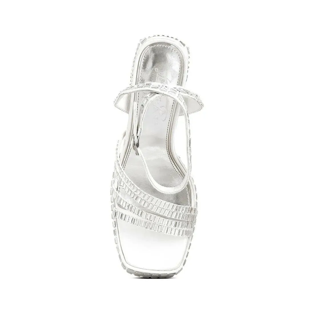Lustrous Mirror Embellished Flare Block Heel Sandals