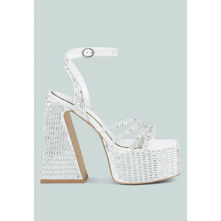 Lustrous Mirror Embellished Flare Block Heel Sandals